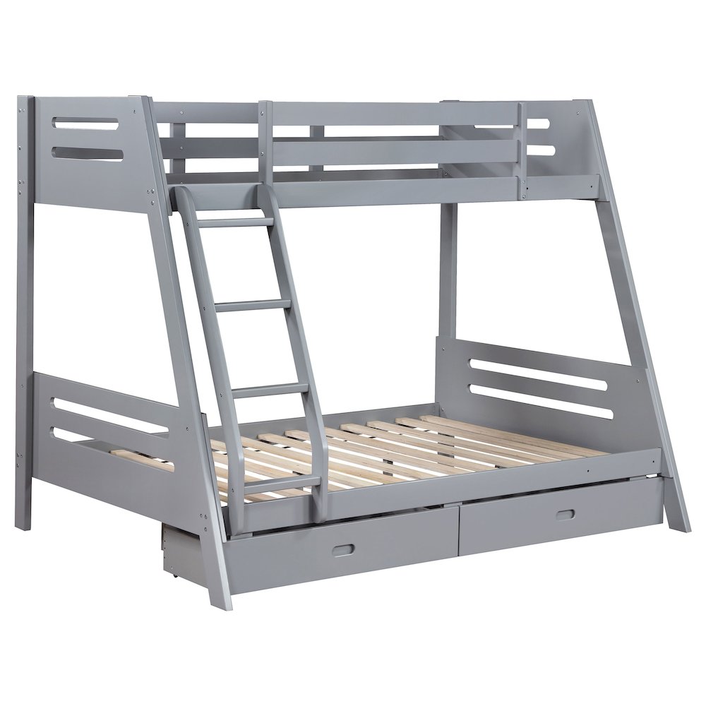 Caryn Trisha Twin Over Full Grey Wood Bunk Bed – Modern Storage Design with Safety Rails