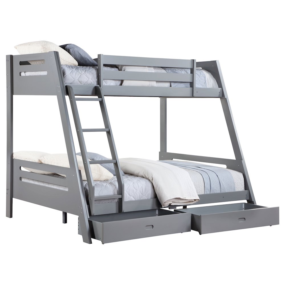 Caryn Trisha Twin Over Full Grey Wood Bunk Bed – Modern Storage Design with Safety Rails