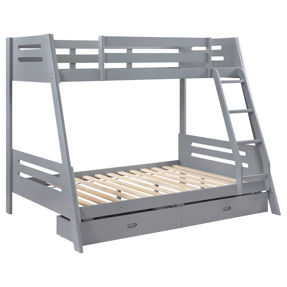 Caryn Trisha Twin Over Full Grey Wood Bunk Bed – Modern Storage Design with Safety Rails