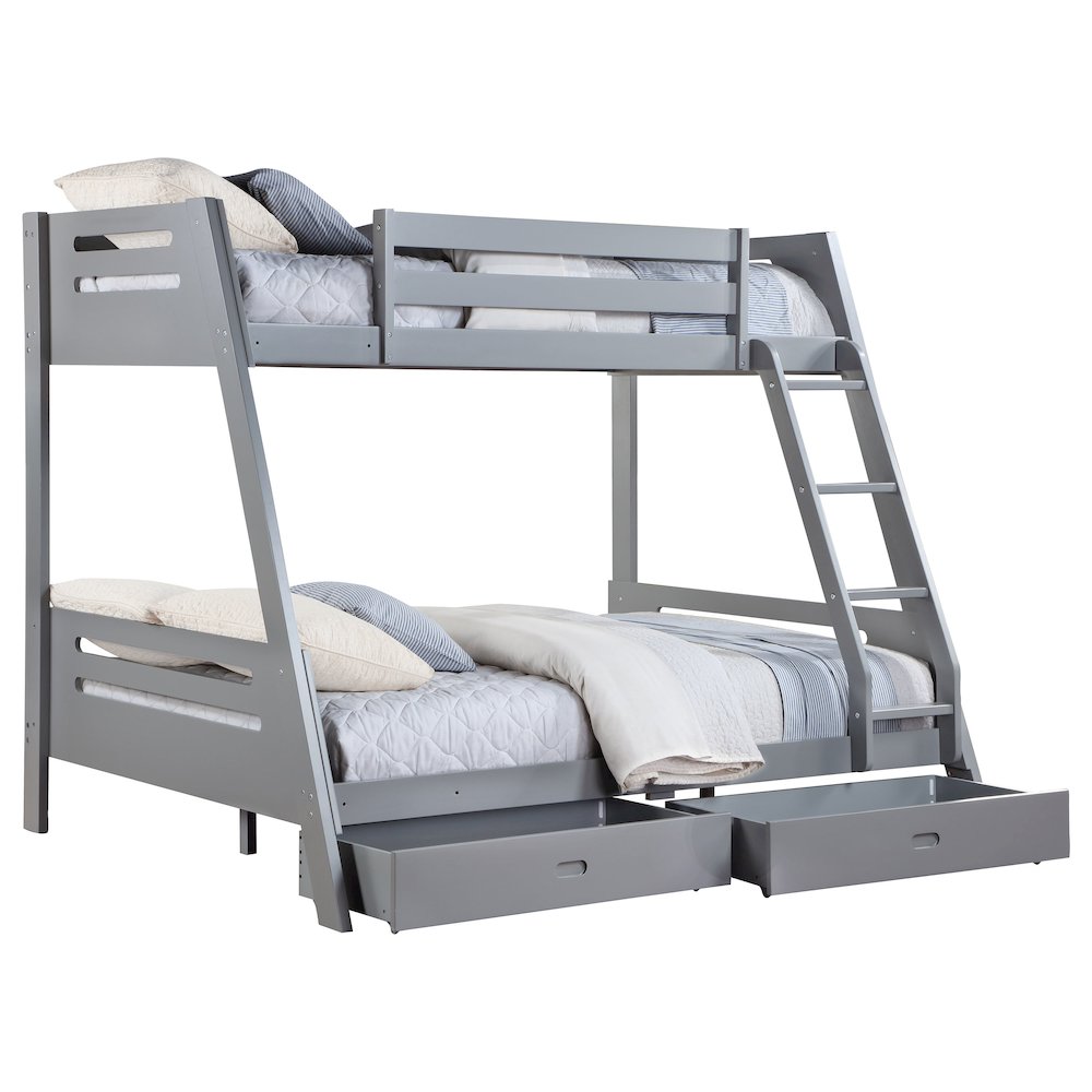 Caryn Trisha Twin Over Full Grey Wood Bunk Bed Modern Storage Design with Safety Rails