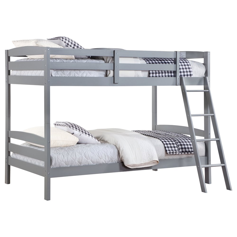 Elena Rhea Modern Grey Wood Twin Over Twin Bunk Bed - Slatted Design Kids Furniture with Safety Rails