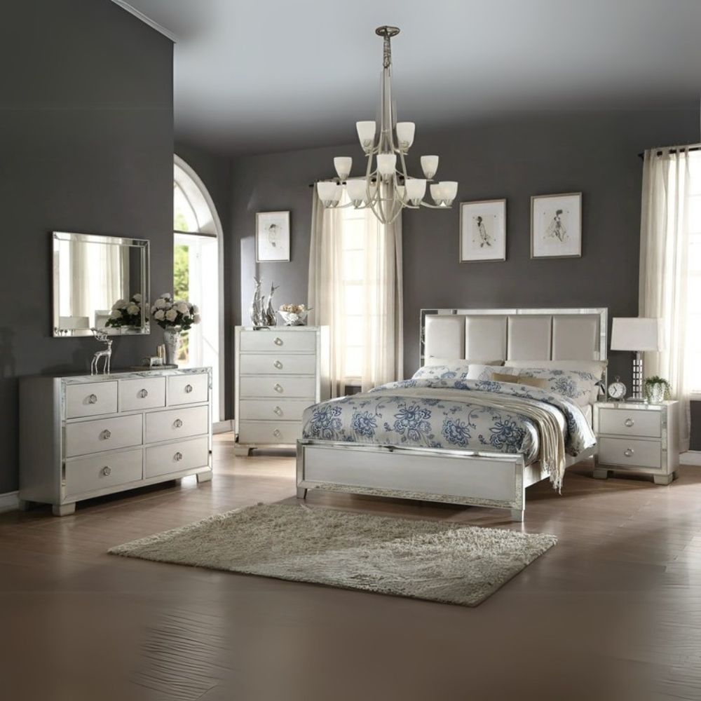 Nikhil Voeville II Eastern King Platinum Synthetic Leather Bed – Style with Mirror Trim