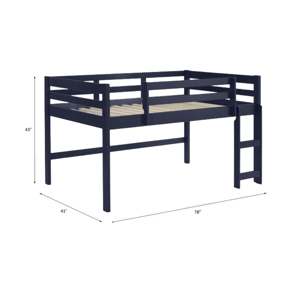 Aaron Lara Twin Size Navy Blue Loft Bed Wooden Frame with Safety Rails & Ladder