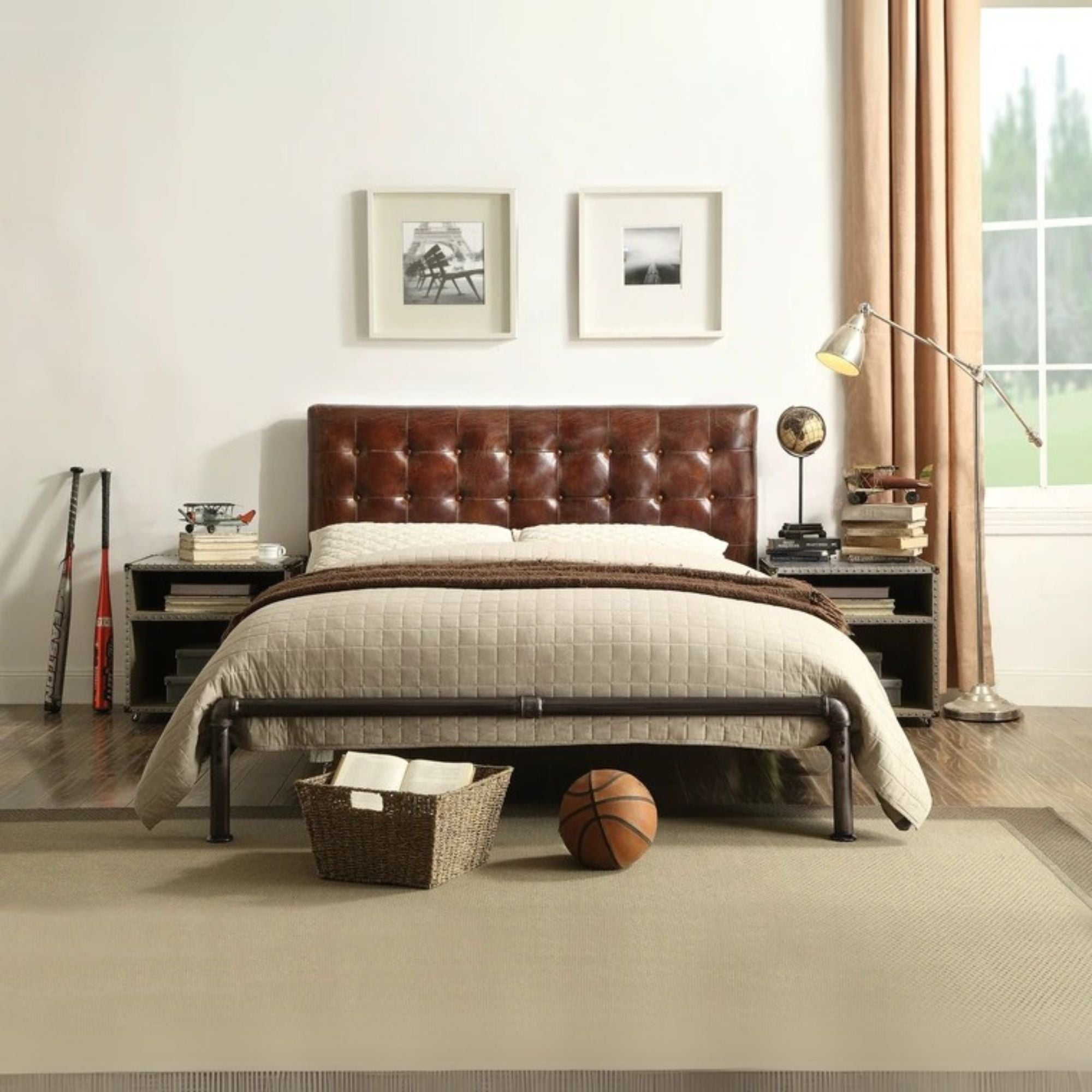 Piper Brancaster Queen Top Grain Leather Bed – Vintage Industrial Design with Rivet Detailing