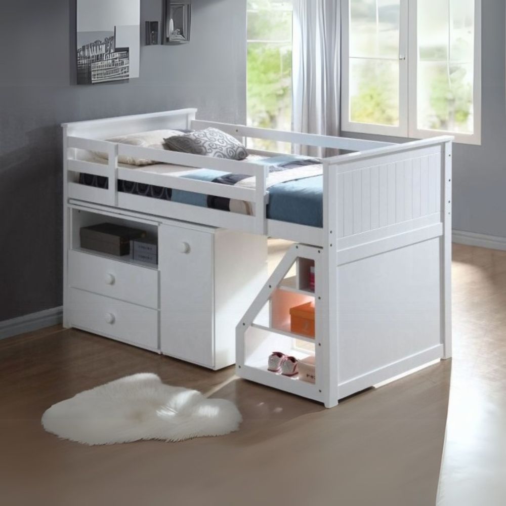 Baba Wyatt Twin Gray Wood Loft Bed Set Space-Saving Design with Desk & Storage