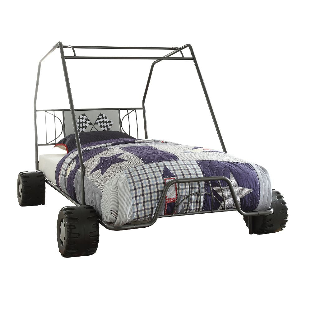 Asam Xander Twin Racing Go Kart Metal Kids Bed Frame – Sports Theme with Flag Headboard