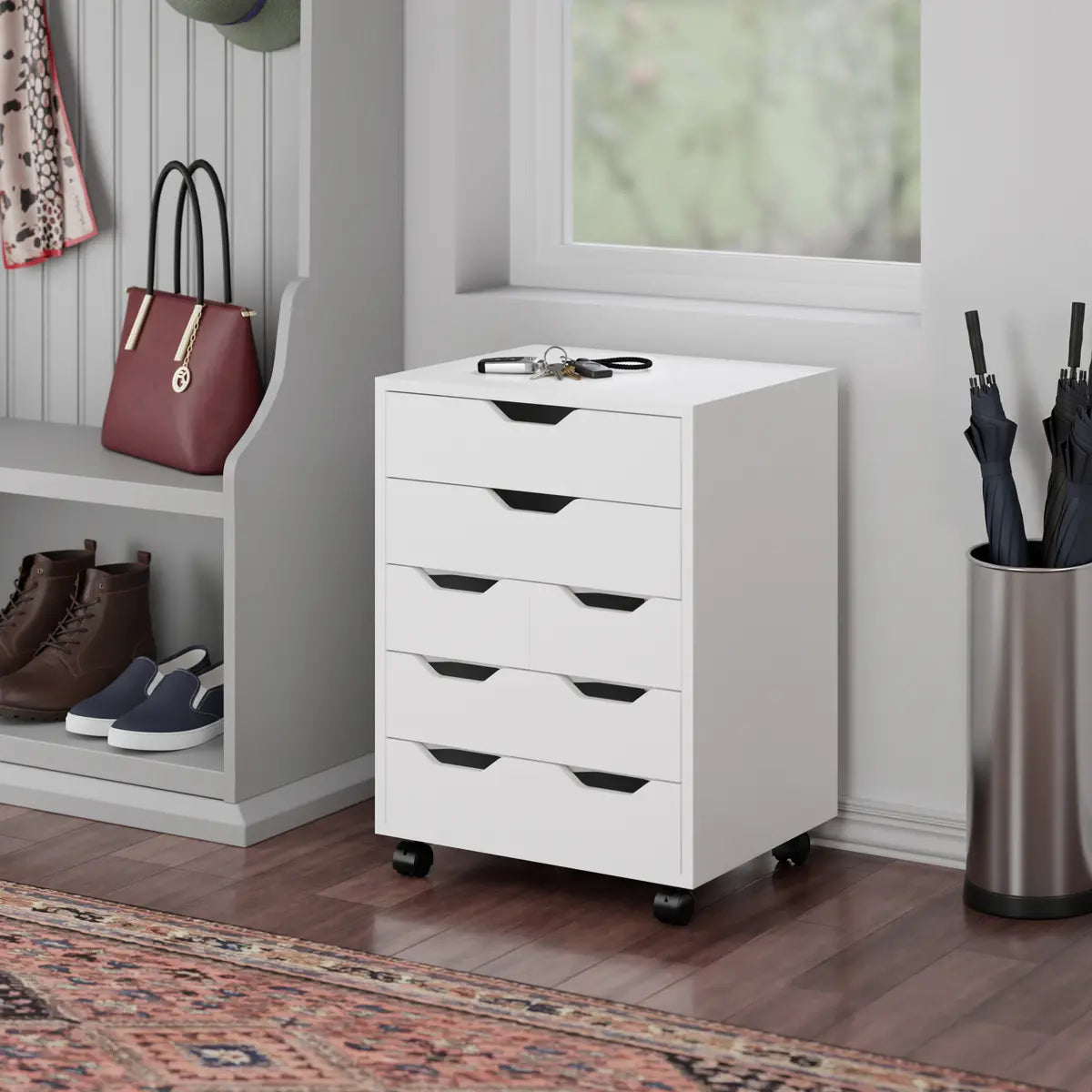 Norfolk 6 Bins, 2 Drawer Mobile Cabinet, White Finish