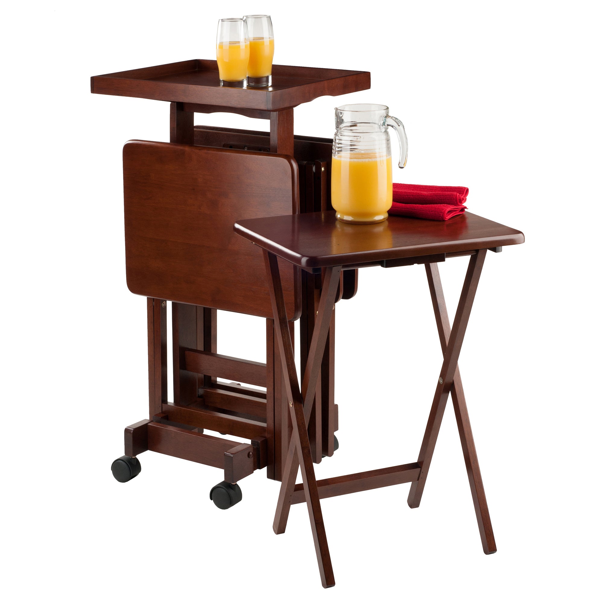 Isabelle Set of 4 Snack Tables with Mobile Stand and Removable Tray, Walnut