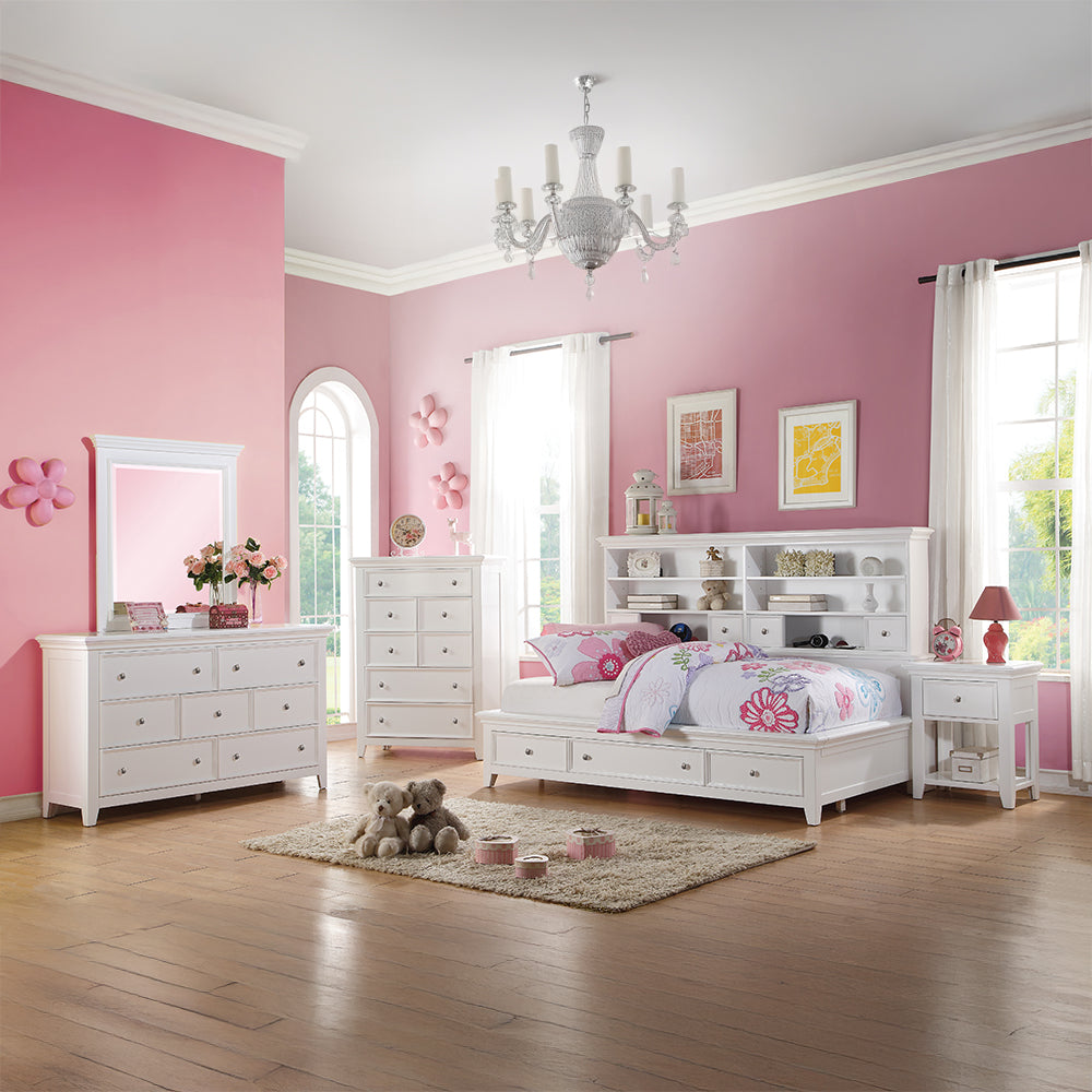 Timothy Lacey Twin White Contemporary Storage Daybed Wood Frame with Built-in Drawers & Bookcase
