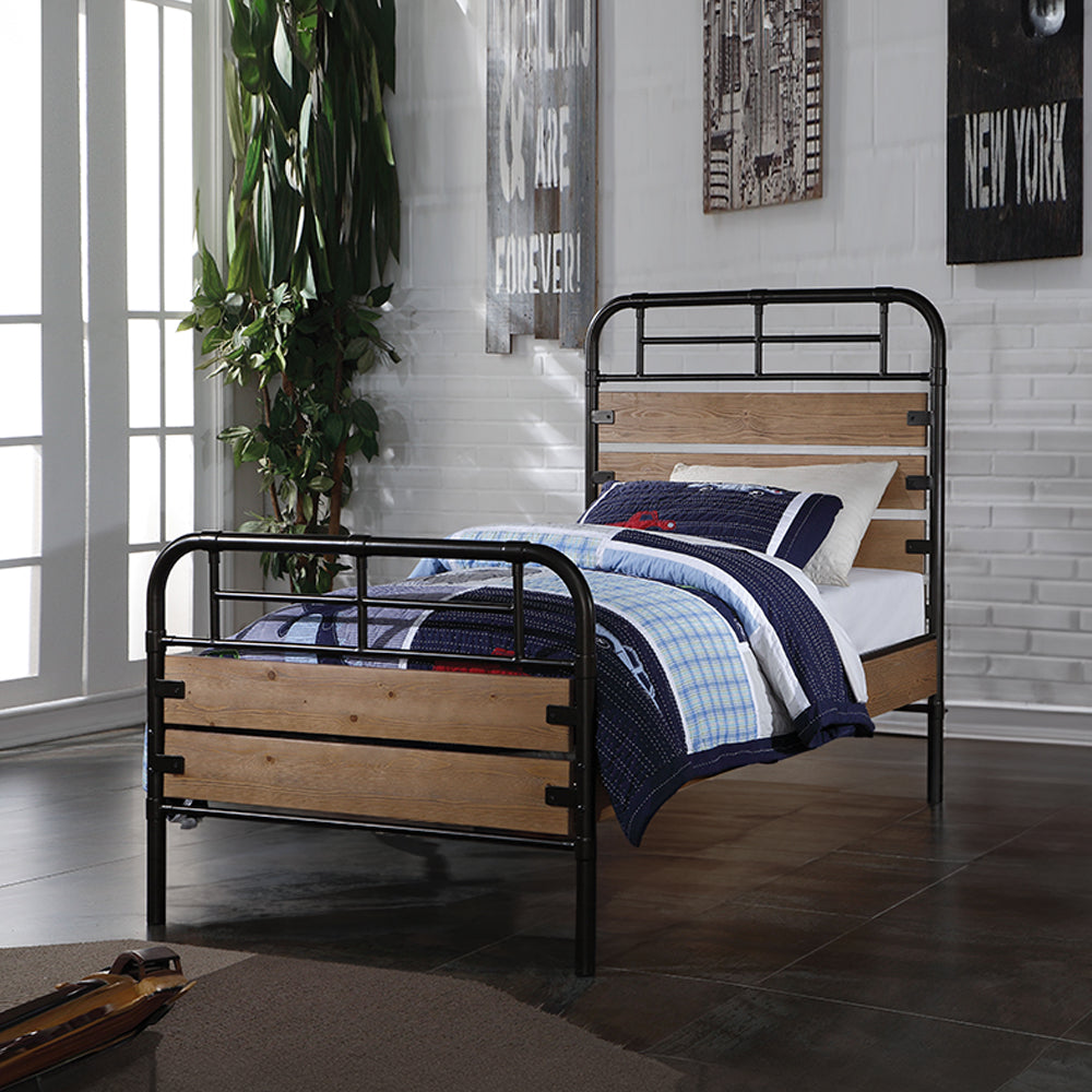 Lynden Twin Size Antique Oak Gunmetal Metal Bed Frame – Industrial Youth Bedroom with Wood Headboard