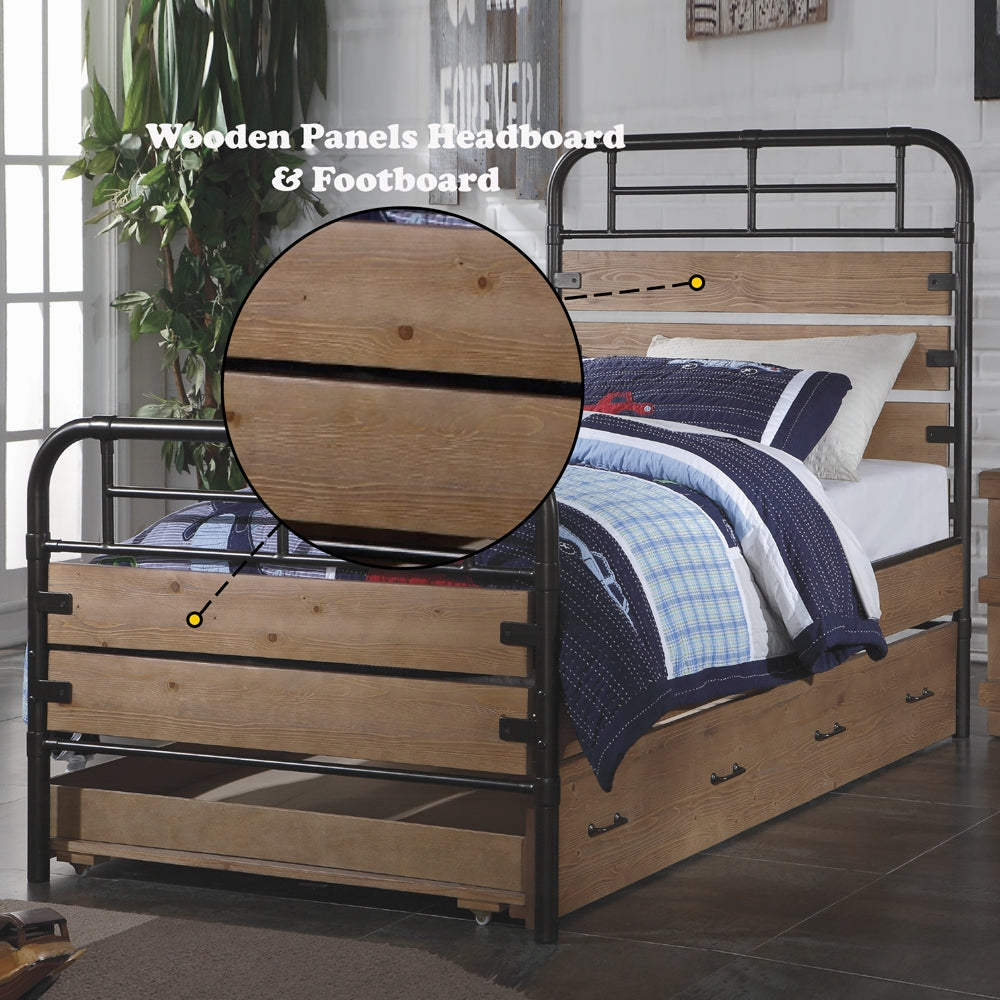 Lynden Twin Size Antique Oak Gunmetal Metal Bed Frame – Industrial Youth Bedroom with Wood Headboard