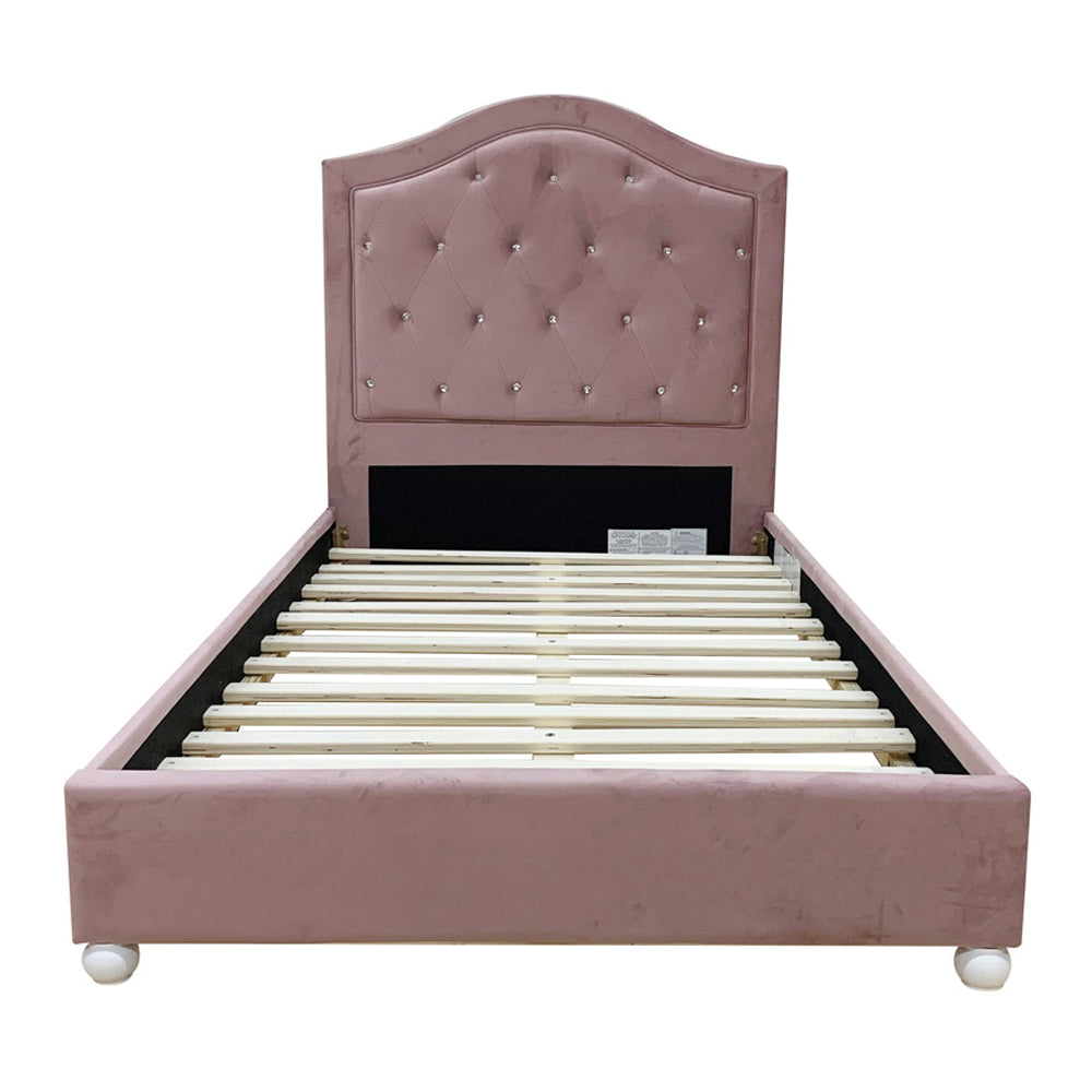 Archi Reggie Collection Twin Pink Fabric Bed Modern Style with Faux Crystal Trim