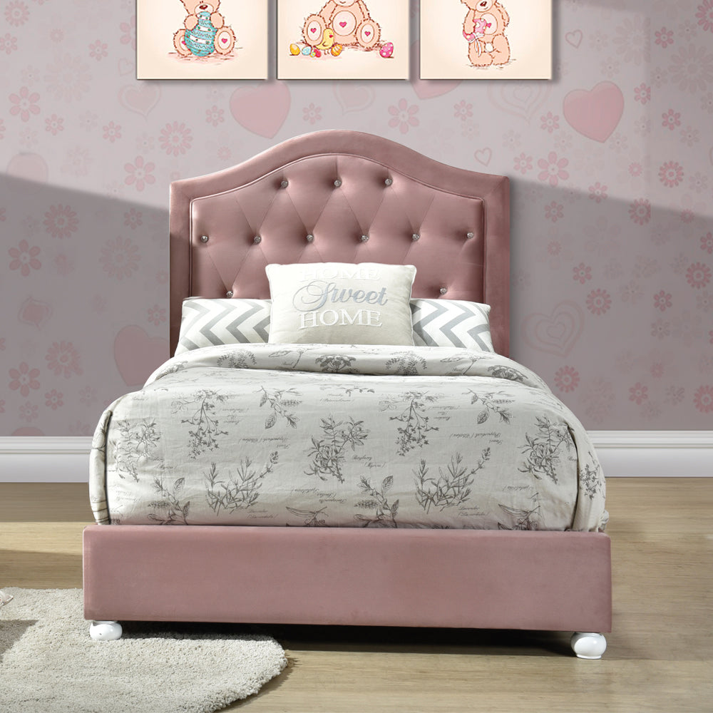 Archi Reggie Collection Twin Pink Fabric Bed Modern Style with Faux Crystal Trim