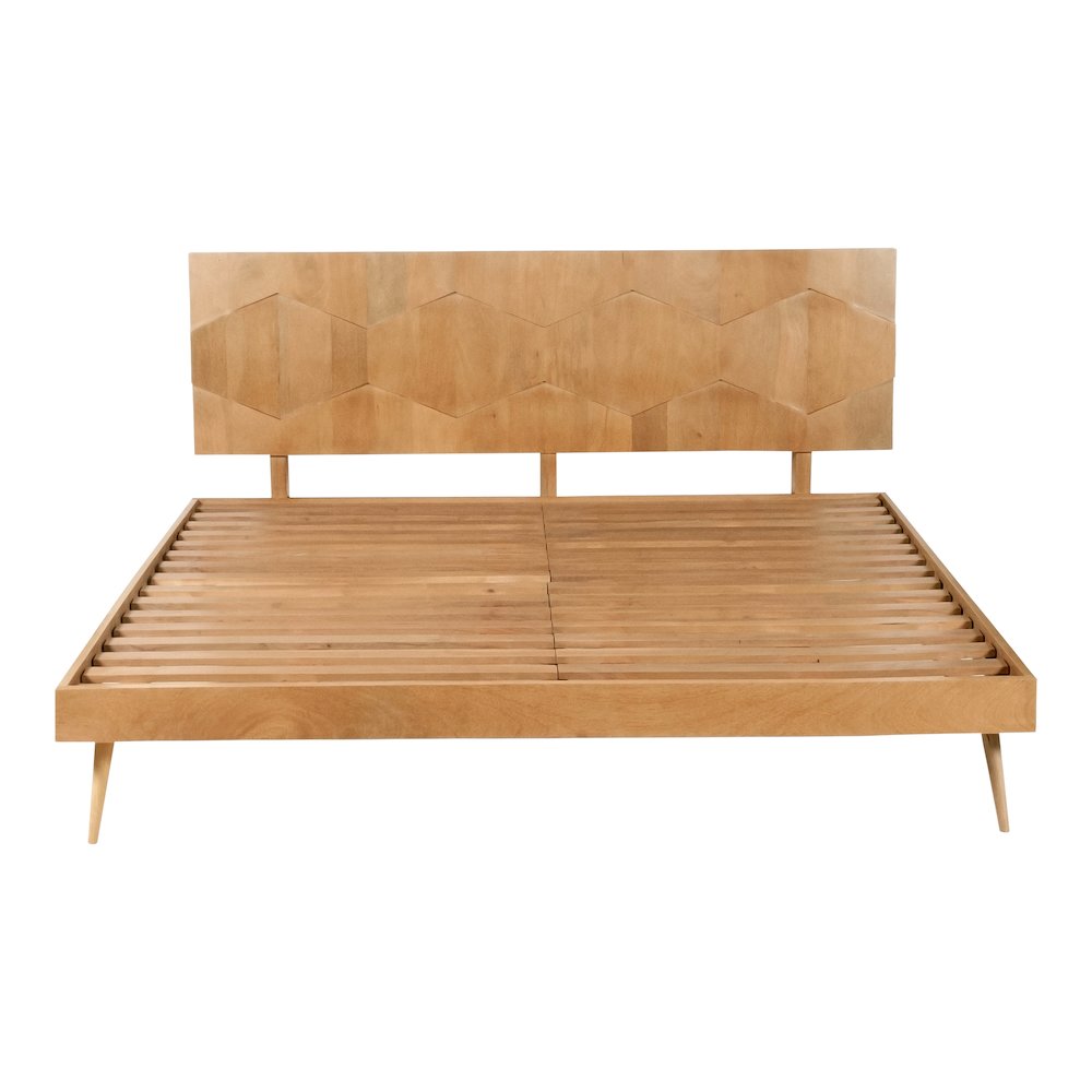 Nero O2 Queen Bed Natural Wood – Mid-Century Modern Solid Frame with Slatted Headboard