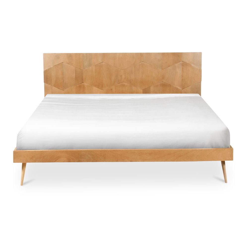 Nero O2 Queen Bed Natural Wood – Mid-Century Modern Solid Frame with Slatted Headboard