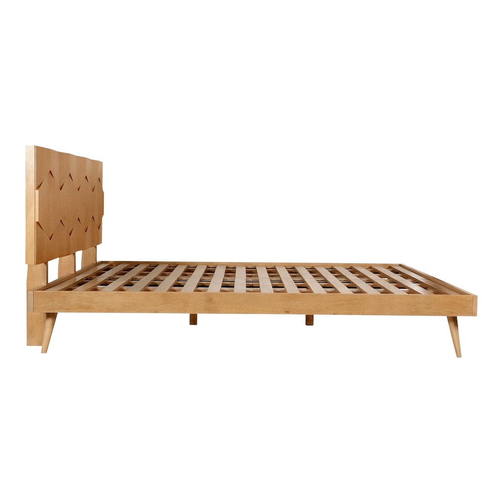 Nero O2 Queen Bed Natural Wood – Mid-Century Modern Solid Frame with Slatted Headboard