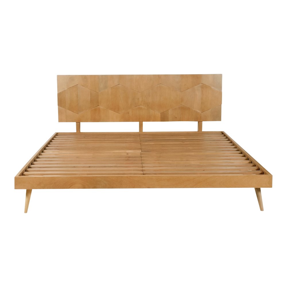 Nero O2 King Natural Wood Bed – Mid-Century Platform with Slatted Headboard