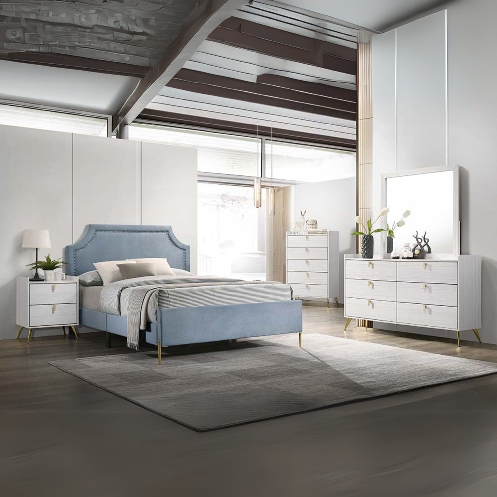 Daikin Milla Queen Light Blue Velvet Upholstered Bed – Modern Glam Wingback Design