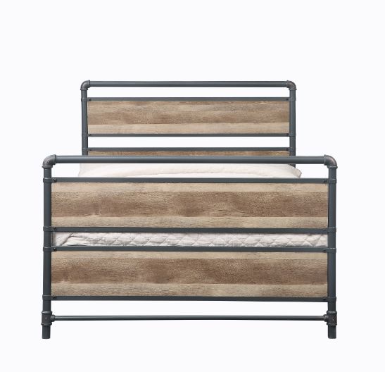 Emmet Brantley Full Bed Antique Oak Sandy Gray Wood Metal Industrial Two-Tone Design