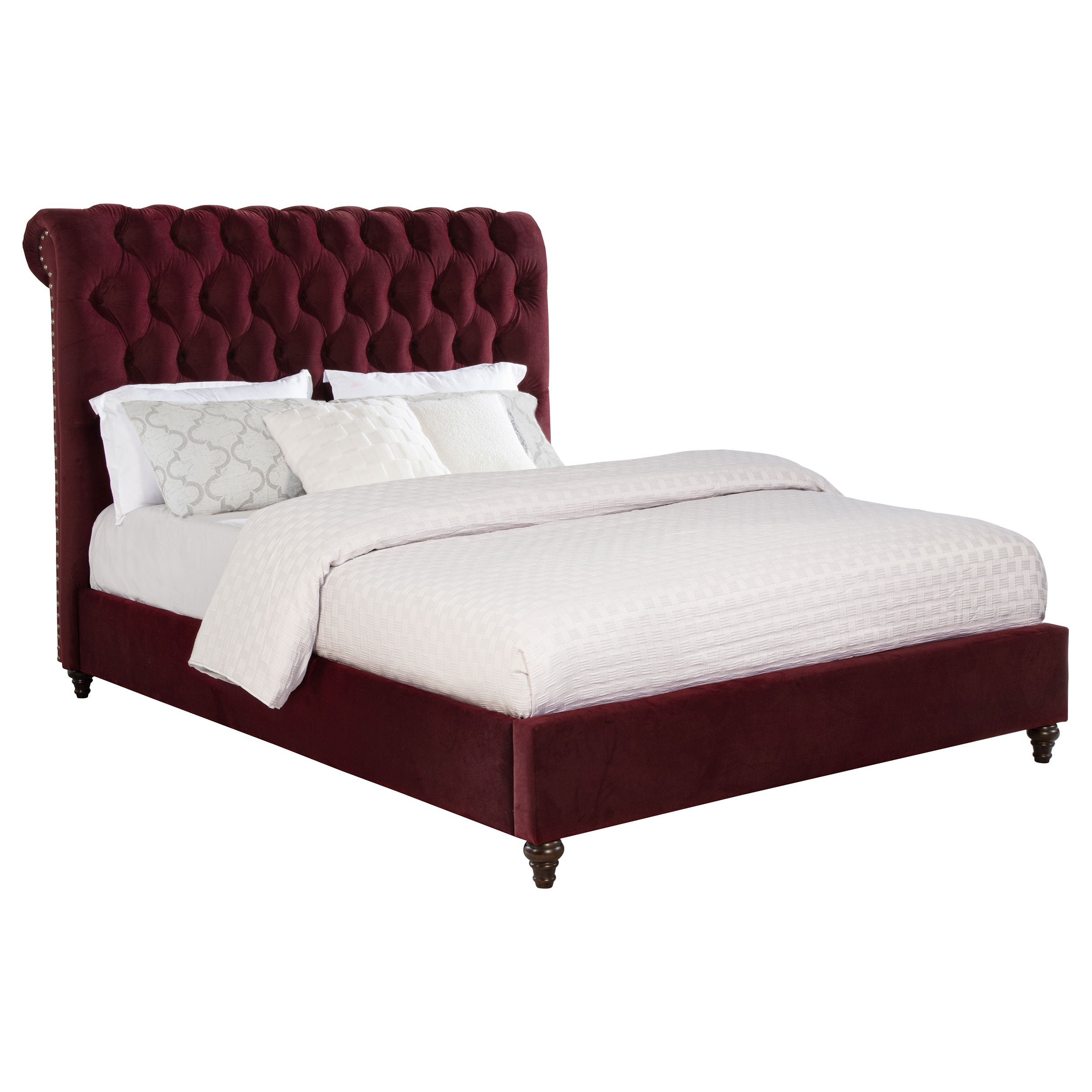 Varian Devon Queen Wine Red Upholstered Panel Bed – Traditional Tufted Headboard with Nailhead Trim