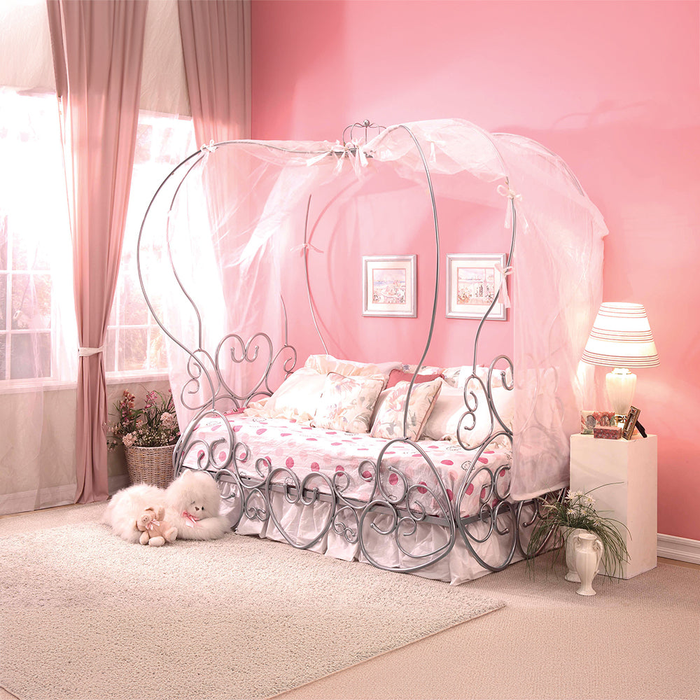 Harper Priya Twin Silver Scrollwork Canopy Bed – Low Profile Metal Frame for Princess Bedroom