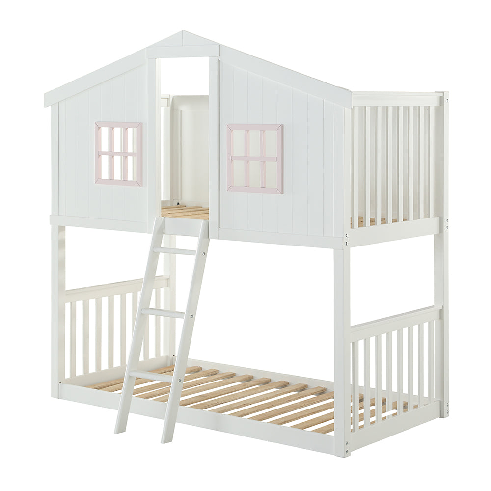 Rohan Cottage T/T White Pink Cottage Bunk Bed – Kids Playhouse Style with Front Ladder & Guard Rails