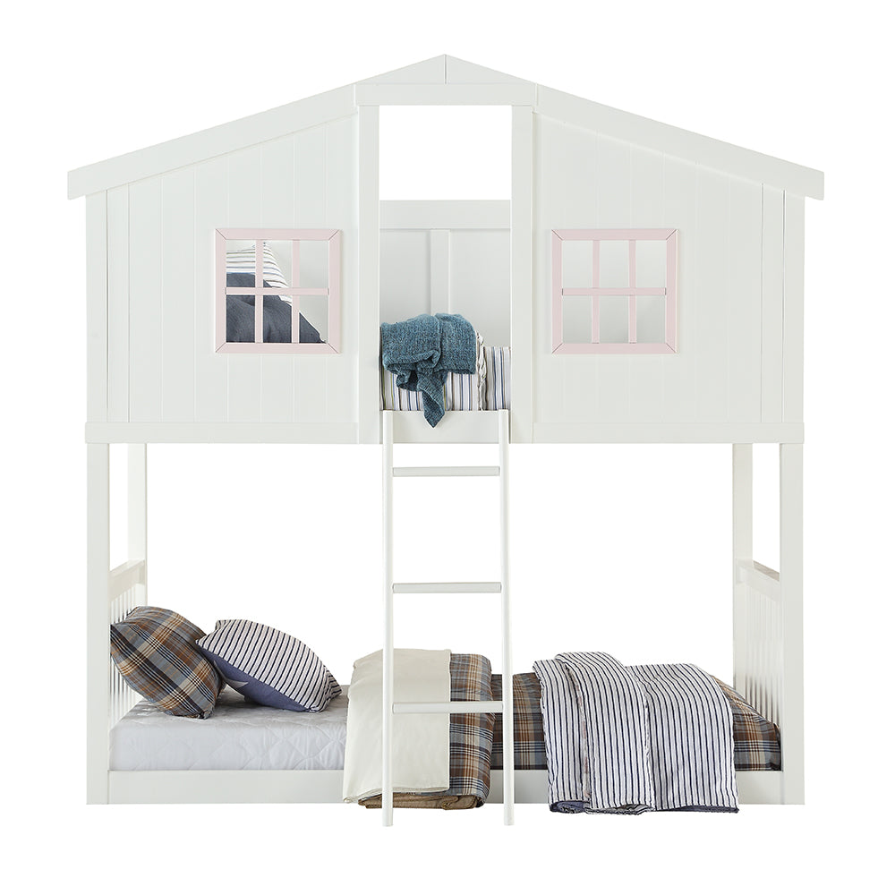 Rohan Cottage T/T White Pink Cottage Bunk Bed – Kids Playhouse Style with Front Ladder & Guard Rails