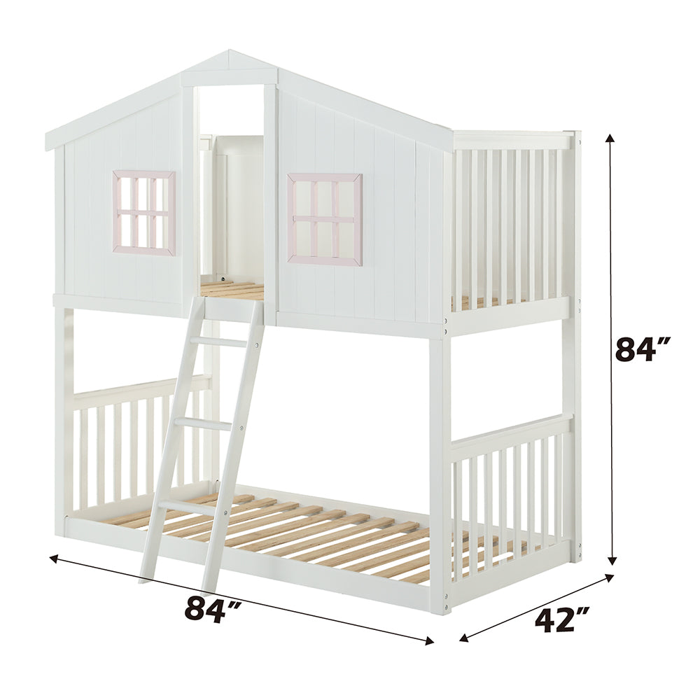 Rohan Cottage T/T White Pink Cottage Bunk Bed – Kids Playhouse Style with Front Ladder & Guard Rails
