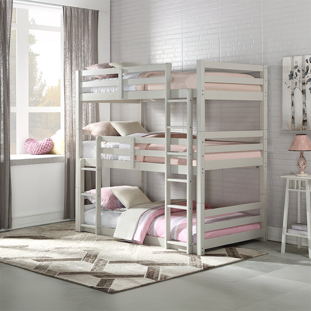 Lucknow Ronnie Collection Triple Light Gray Wood Bunk Bed Kids Safety Guardrails & Easy Access Ladder