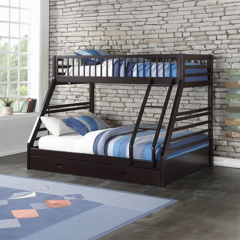 Graham Jason Twin XL Over Queen Espresso Wood Bunk Bed – Contemporary Style with Storage Drawers