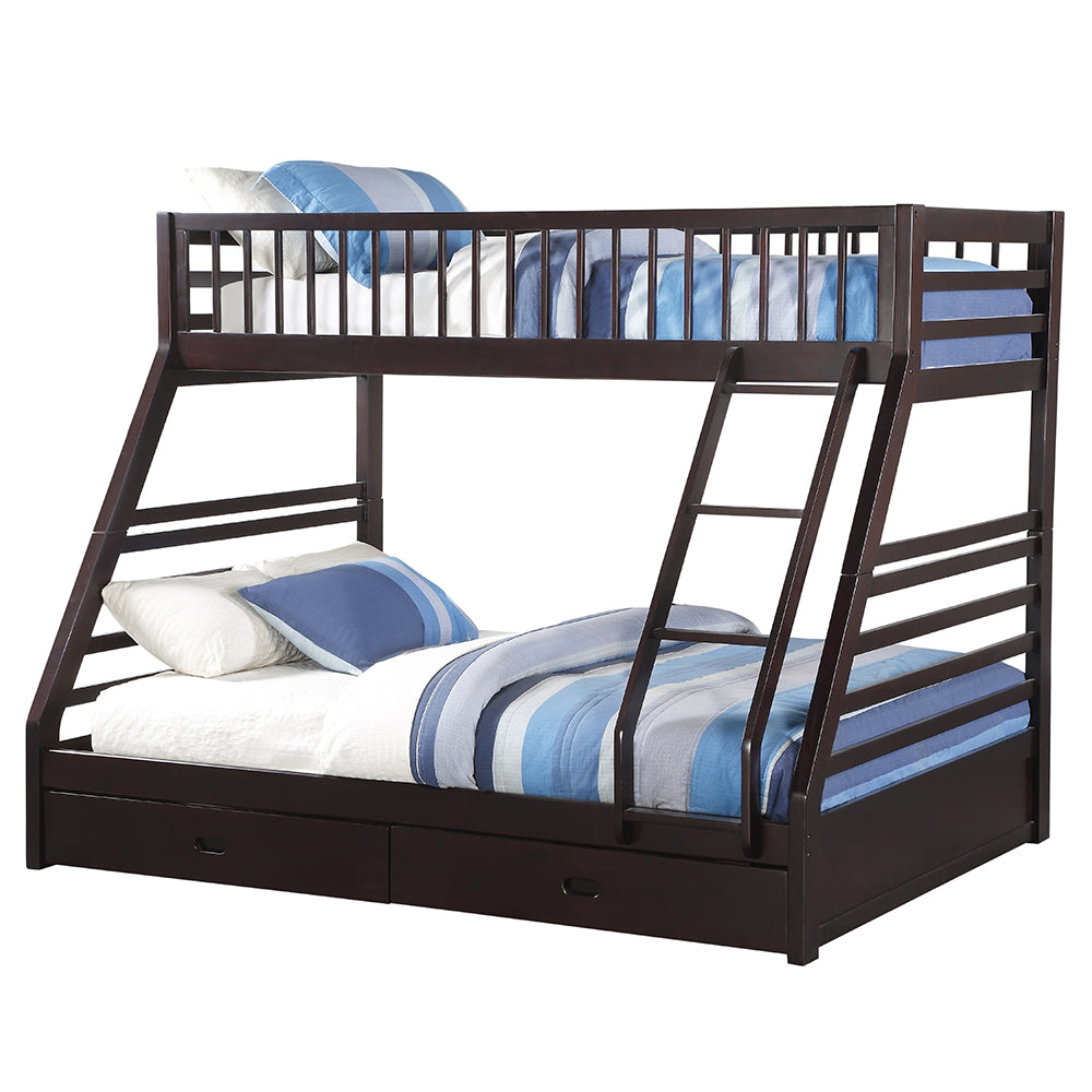 Graham Jason Twin XL Over Queen Espresso Wood Bunk Bed Contemporary Style with Storage Drawers