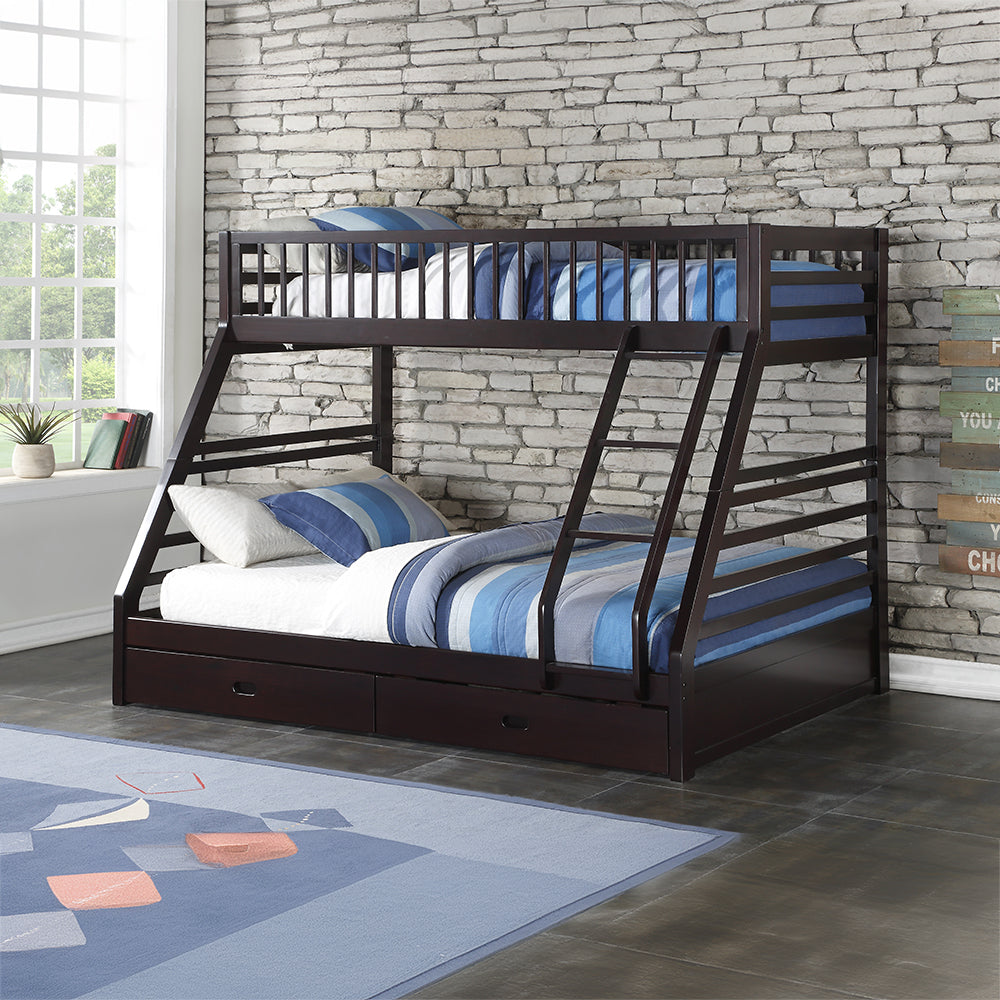 Graham Jason Twin XL Over Queen Espresso Wood Bunk Bed Contemporary Style with Storage Drawers