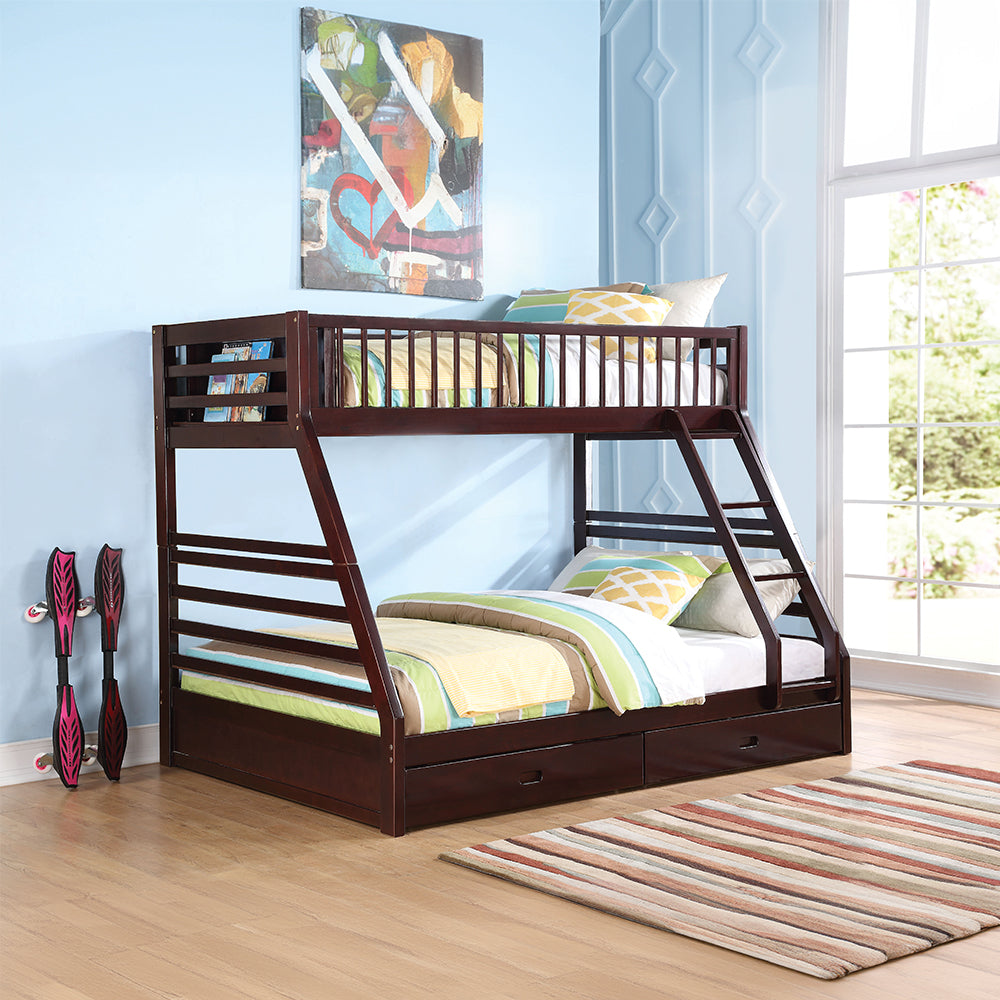 Graham Jason Twin XL Over Queen Espresso Wood Bunk Bed Contemporary Style with Storage Drawers