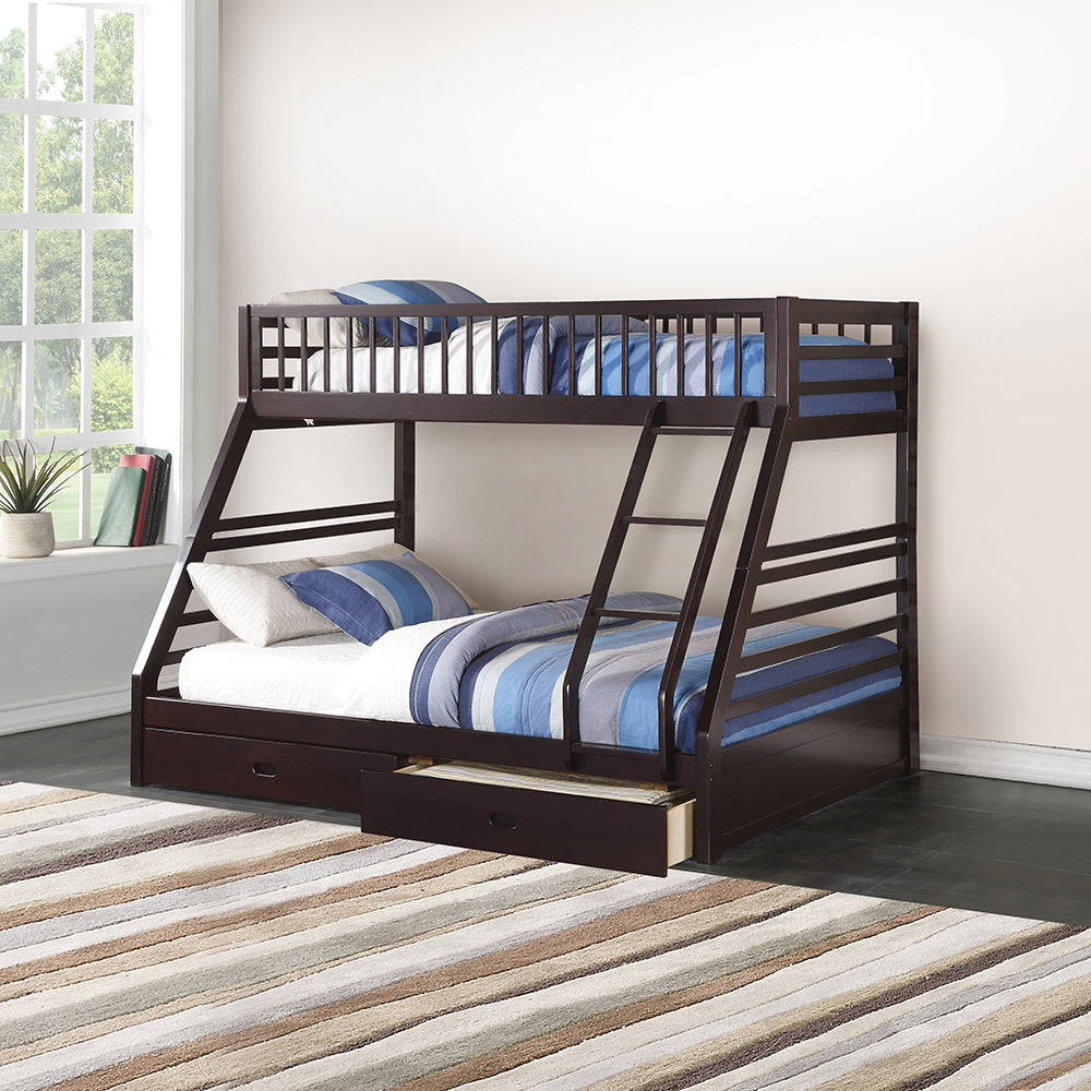 Graham Jason Twin XL Over Queen Espresso Wood Bunk Bed Contemporary Style with Storage Drawers
