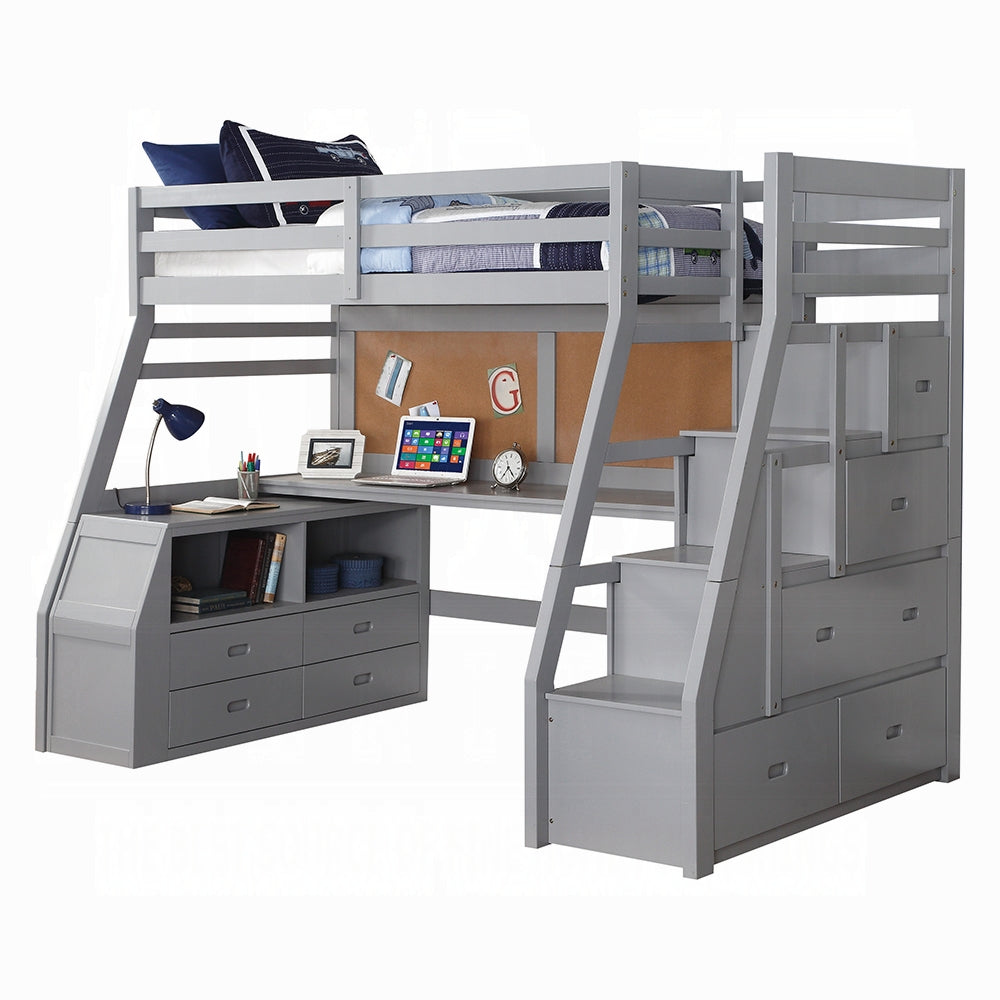 Salu Jason II Twin Gray Wood Loft Bed – Modern Space-Saving Design with Built-in Storage Staircase & Study Desk
