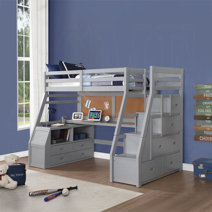 Salu Jason II Twin Gray Wood Loft Bed – Modern Space-Saving Design with Built-in Storage Staircase & Study Desk