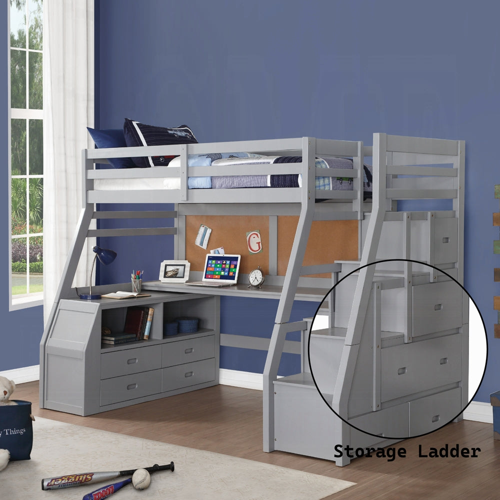 Salu Jason II Twin Gray Wood Loft Bed – Modern Space-Saving Design with Built-in Storage Staircase & Study Desk