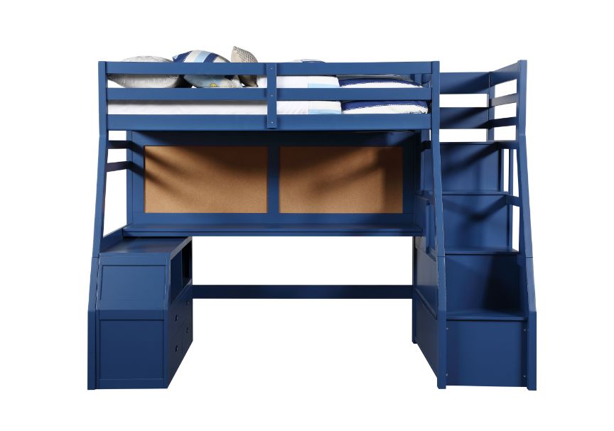 Guardrail Jason II Twin Navy Blue Wooden Loft Bed Contemporary Storage Solution with 5-Drawer Ladder & Desk