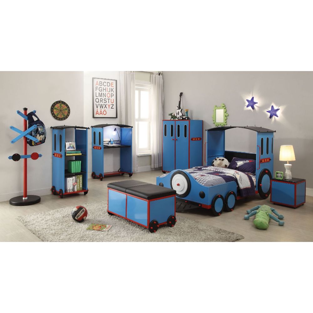 Nalani Tobi Collection Twin Size Blue Red Black Metal Train Bed Children's Themed Bed with Padded Headboard