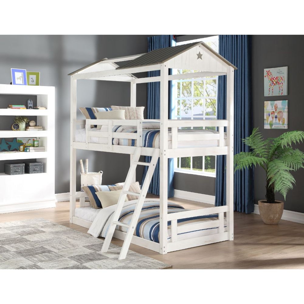 Yash Nadine White Wood Twin Bunk Bed Cottage Inspired with Safety Ladder