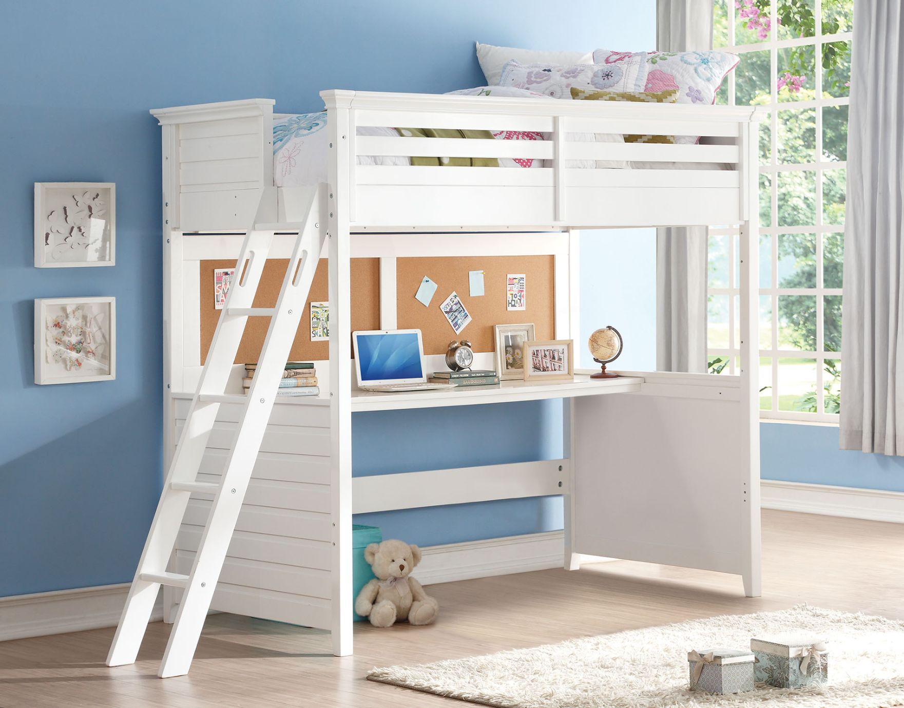 Aaron Lacey Twin White Poplar Wood Loft Bed Kids Space-Saving Design with Reversible Ladder