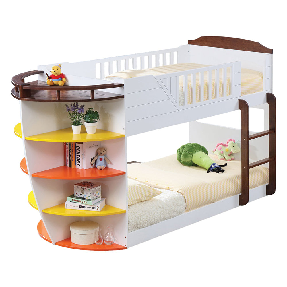 Jha Neptune Twin/Twin White & Chocolate Wooden Bunk Bed Modern Kids Design with Ladder