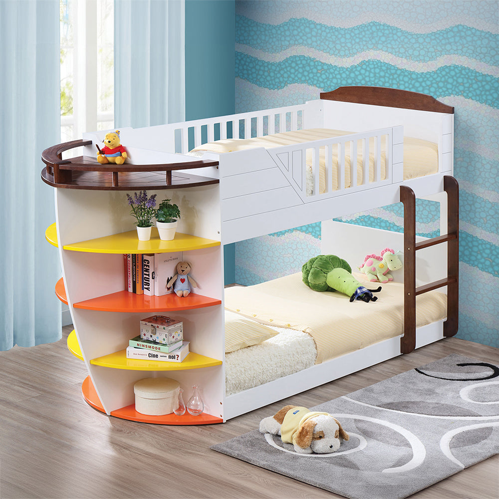 Jha Neptune Twin/Twin White & Chocolate Wooden Bunk Bed Modern Kids Design with Ladder