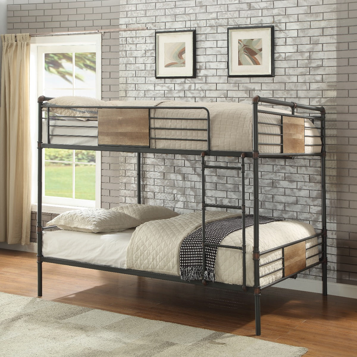 Perrone Brantley Queen over Queen Sandy Black Metal Bunk Bed Industrial Hand Brushed Finish