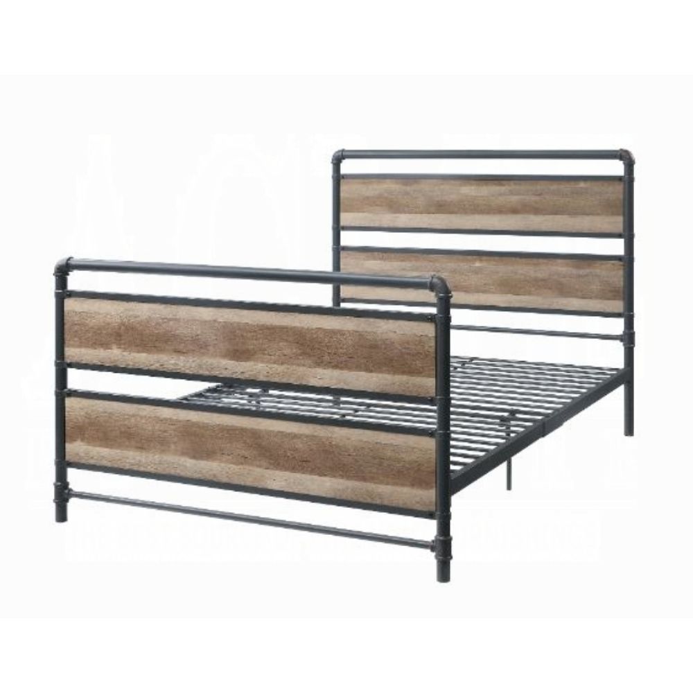 Emmet Brantley Full Bed Antique Oak Sandy Gray Wood Metal – Industrial Two-Tone Design