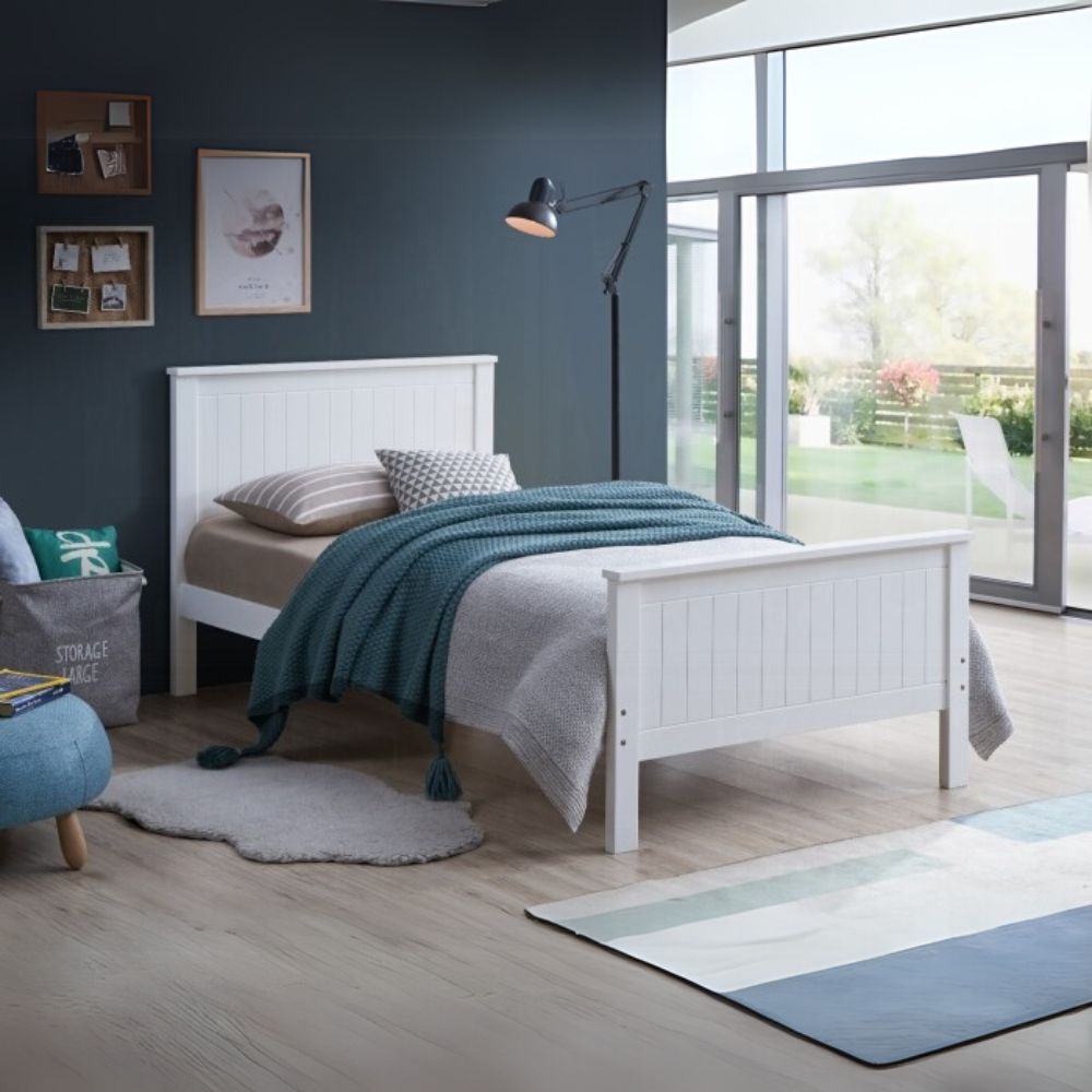 Marissa Bungalow Twin White Wood Bed – Coastal Style Slatted Headboard