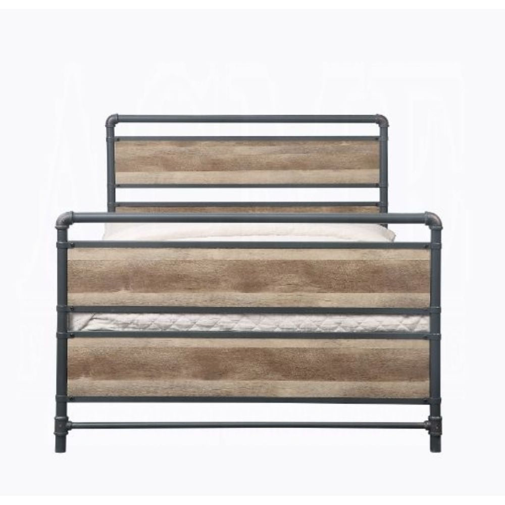 Emmet Brantley Full Bed Antique Oak Sandy Gray Wood Metal – Industrial Two-Tone Design