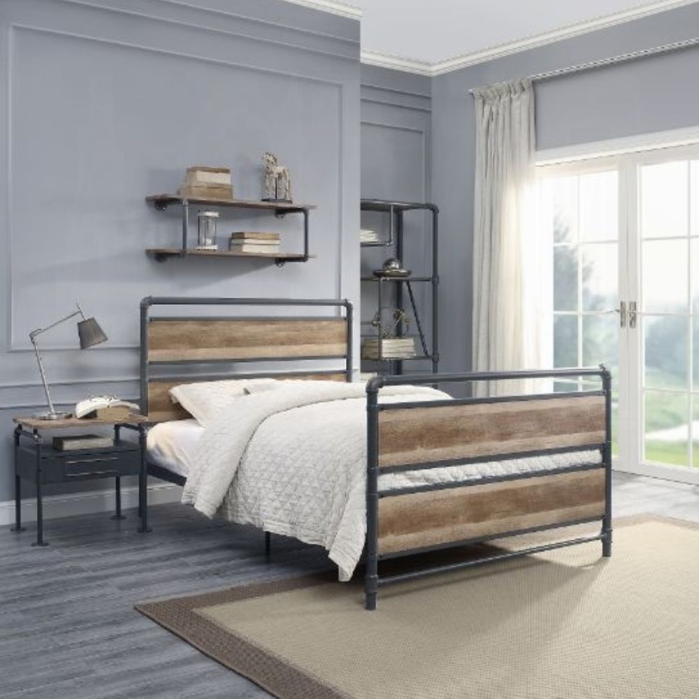 Emmet Brantley Full Bed Antique Oak Sandy Gray Wood Metal – Industrial Two-Tone Design