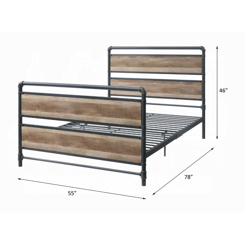 Emmet Brantley Full Bed Antique Oak Sandy Gray Wood Metal – Industrial Two-Tone Design