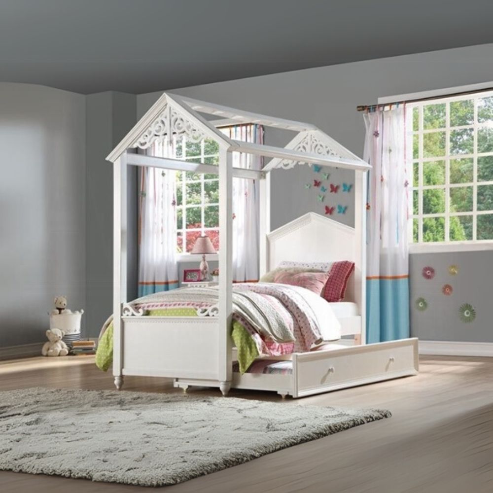 Bobby Rapunzel Full Size White Bed – Elegant Youth Bed with Crown Details